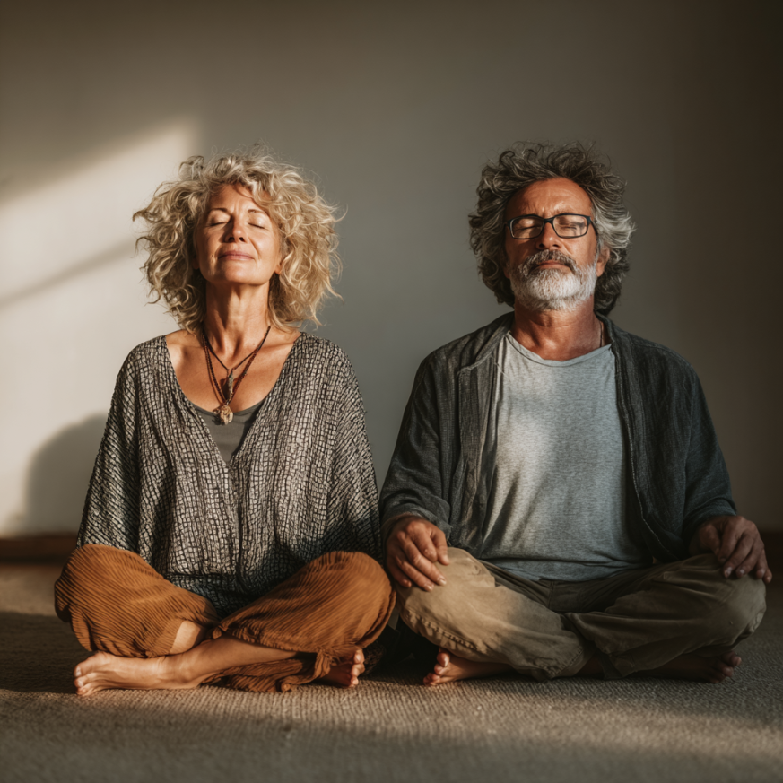 Старша жінка практикує йогу на природі