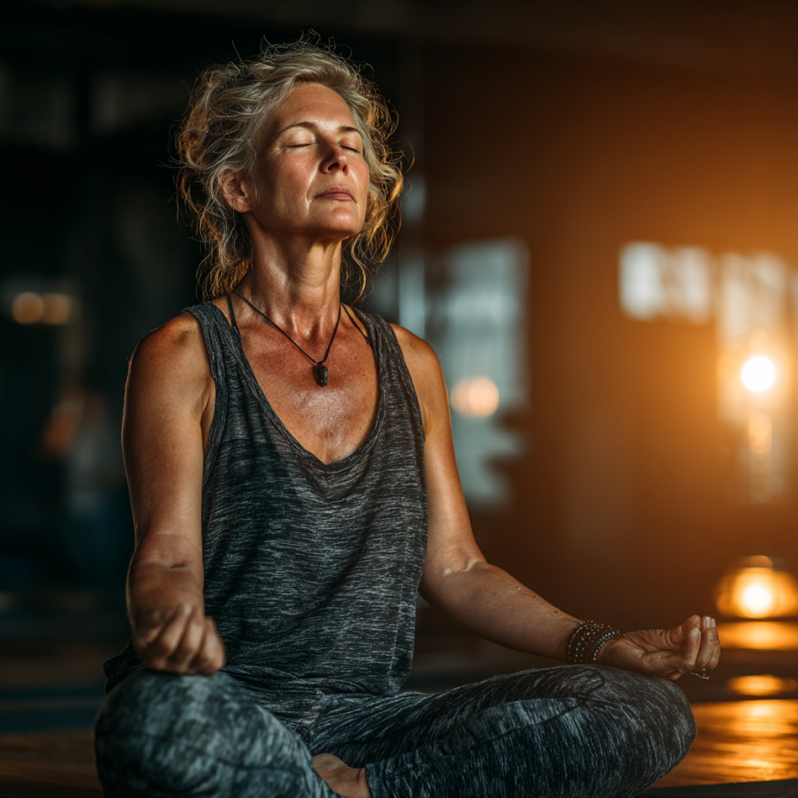 Група людей старшого віку займається йогою